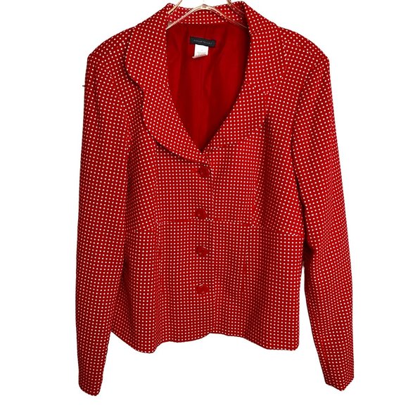 Courtenay Jackets & Blazers - Courtenay Womens Red with White Polka Dot Long Sleeve Four Button Blazer Size 16